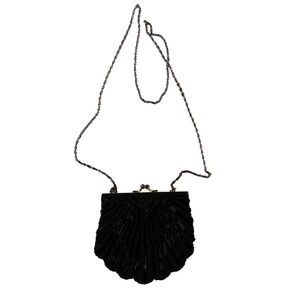 Vintage La‎ Regale Beaded Shell Crossbody Bag Womens Black Art Deco Mermaidcore